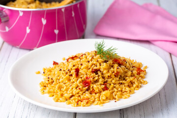 Bulgur pilaf with quinoa, food concept photo. Turkish name; kinoali bulgur pilavi