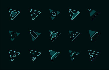 Fototapeta na wymiar HUD game cursor. Game interface pointer sign for selection and press action, stylized futuristic neon cyberpunk elements. Vector icons set. Modern neon arrowheads isolated collection