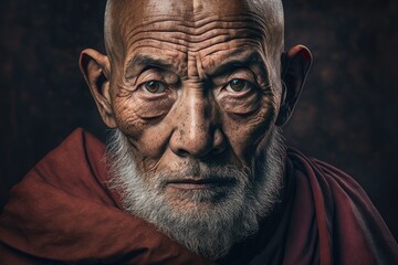 Portrait, elderly tibetan monk, looking at camera with serious expression. Ai Generative. - obrazy, fototapety, plakaty