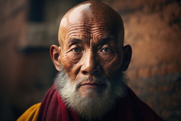Portrait, elderly tibetan monk, looking at camera with serious expression. Ai Generative. - obrazy, fototapety, plakaty