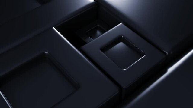 Abstract concept. Geometric shapes rise up. Square shape of vertical platforms. 3d animation of seamless loop