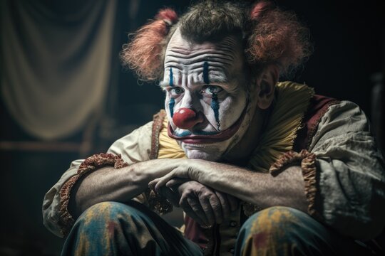 Portrait, sad clown with painted face, Ai Generative.