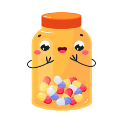 Cute Orange Bottle with Drug and Medicine Having Smiling Face and Arms Vector Illustration
