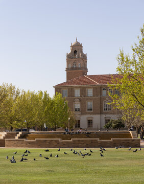 Lubbock, TX - April 15 2022: Fountain on the campus of Texas Tech University