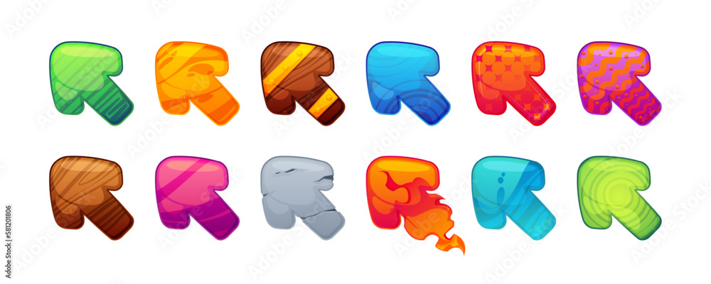 Poster game arrows. cartoon cursors and pointers for gaming kit asset, cute navigation indicator user inter