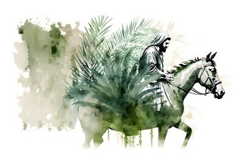 Background of Jesus into Jerusalem, with palm branches. White Background. Wallpaper illustration. Copy space for text information or content. Palm sunday, christianity, easter. Generative AI