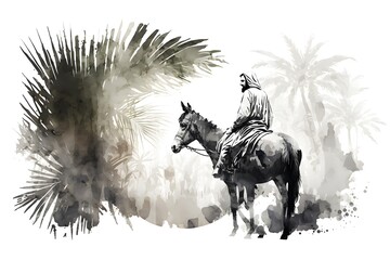 Background of Jesus into Jerusalem, with palm branches. White Background. Wallpaper illustration. Copy space for text information or content. Palm sunday, christianity, easter. Generative AI