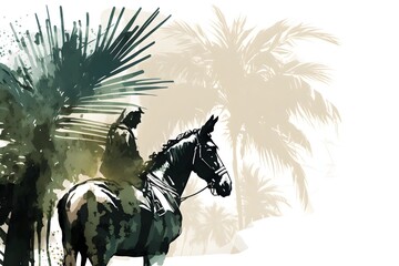 Background of Jesus into Jerusalem, with palm branches. White Background. Wallpaper illustration. Copy space for text information or content. Palm sunday, christianity, easter. Generative AI