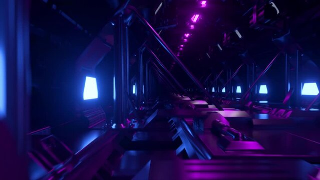 Neon tunnel on the big bridge. Spaceship in space. Blue purple light. 3d animation of seamless loop