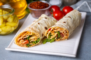 Pita bread lavash roll chicken doner kebab and fresh vegetables - Durum Chicken Doner Kebab