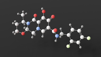 dolutegravir molecule, molecular structure, hiv integrase inhibitors, ball and stick 3d model, structural chemical formula with colored atoms
