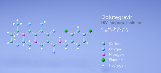 dolutegravir molecule, molecular structures,  hiv integrase inhibitors, 3d model, Structural Chemical Formula and Atoms with Color Coding - obrazy, fototapety, plakaty