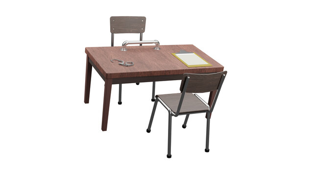 3d render metal handcuffs on the interrogation table with clipboard on the white background