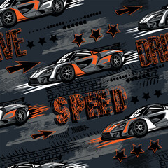 Abstract seamless pattern with sport cars .Bright background with grunge elements for textiles, children's clothes, prints. Pattern for boys © SokolArtStudio