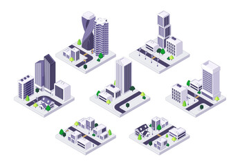 Isometric city streets. Town quarter with skyscrapers apartment and office buildings houses, urban residential block with traffic. Vector illustration. Urban area with tall architecture