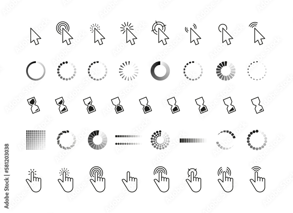 Poster interface progress cursor. pointer mouse click arrow, connection loading and pointing hand web symbo