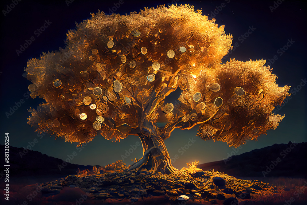 Poster abstraction golden tree from coins. generative ai, generative, ai