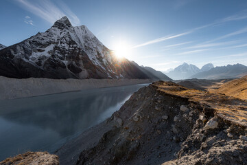 Sunset over Imja Lake at the Island Peak base camp. After sunset you get a bit of a rest and...