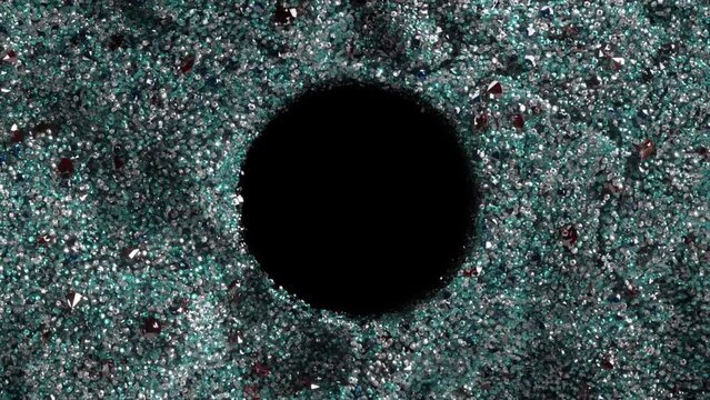 Abstract concept. Black hole surrounded by small gray particles. Slow motion. Dark matter. Space. 3d animation