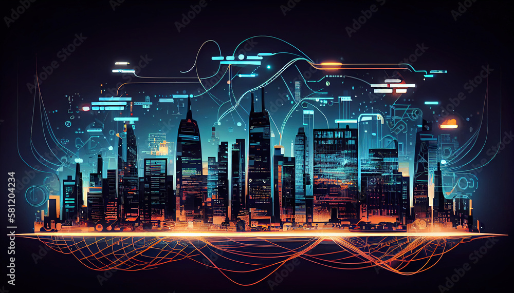 Poster smart city digital technology, internet network connection, digital marketing iot internet of things