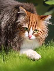 Naklejka na ściany i meble Wild cat on the grass. Generative AI 