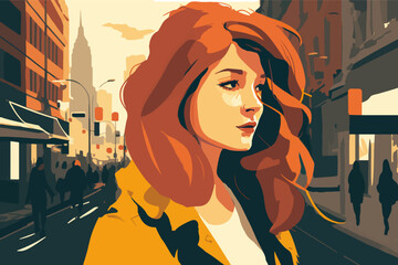 Beautiful teenage girl with red hair on the  street, vector flat illustration, EPS 10.