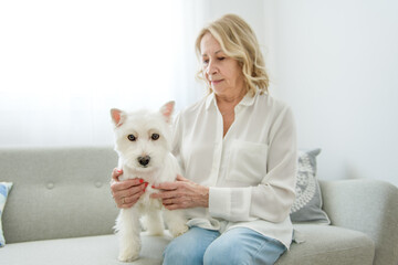 Cheerful retired senior woman with dog and enjoying time with pet at home