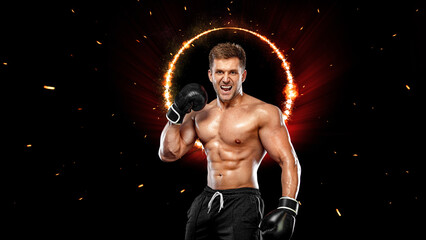Man Athlete Boxer. Download high resolution photo for advertising online sports betting. Picture for ad a bookmaker's office.