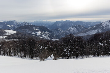 Fototapeta na wymiar View of mountain with snow in Lombardy