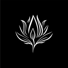 Minimalistic waterlily logo template, white icon of lotus petals flower silhouette on black background, yoga logotype concept, cosmetic emblem, tattoo. Vector illustration