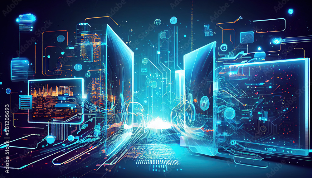 Poster digital technology, internet network connection, big data, digital marketing iot internet of things.