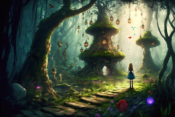 Alice in the wonderland forest, fairy lanterns, a passage in the hollow of a tree - obrazy, fototapety, plakaty