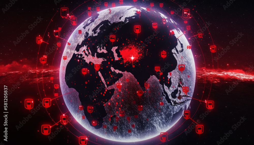 Poster globe cyber attack with red icons showing internet network communication under cyberattack and earth
