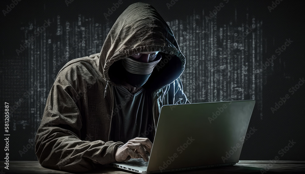 Poster hacker with laptop initiating cyber attack. generative ai