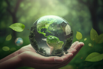 Global earth day concept. Hands holding a round globe, filled with green forest and leaves. Ecology and sustainable development goals against global warming.