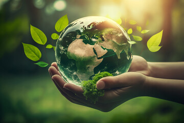 World earth day, globe inside round crystall glass ball. Green environment with plants and trees. Concept of ecology and sustainable development, carbon neutral.