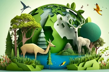 Foto op Canvas World earth day green environment with plants, animals and trees. Concept of sustainable development ecology and green energy. © Artofinnovation
