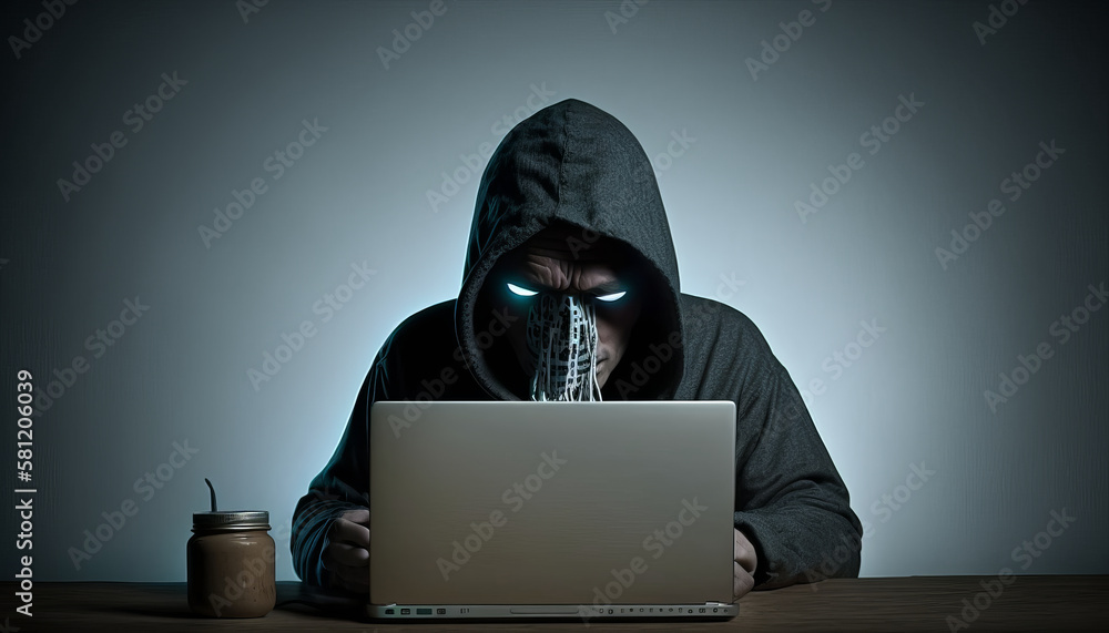 Poster hacker with laptop initiating cyber attack. generative ai