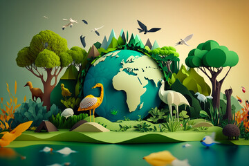 World earth day green environment with plants, animals and trees. Concept of sustainable development ecology and green energy.