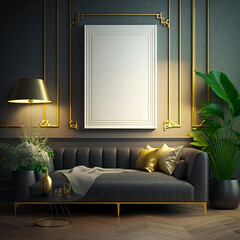 IA illustration of a living room with a modern and minimalist sofa and a white background painting. I