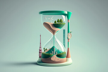 Illustration of hourglass with green ecology environment. Concept of sustainable development to halt global warming. - obrazy, fototapety, plakaty