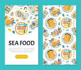 Seafood Design with Fish and Shellfish Dish Served on Plate Vector Template