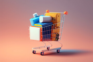 Shopping cart or basket vector illustration style icon with boxes and packages in it. Concept of purchasing online goods or items on webshop. © Visual Studio
