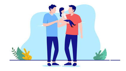 Gay parents - Two male fathers with child in arms standing together. Parenting and tolerance concept. Flat design vector illustration with white background