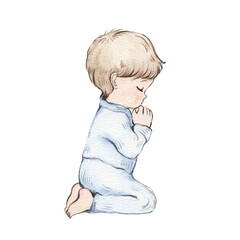 Cute Little Boy Character Praying Standing on His Knees WatercolorIllustration