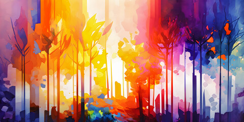 Abstract painting concept. Colorful art of an abstract forest. Generative AI.