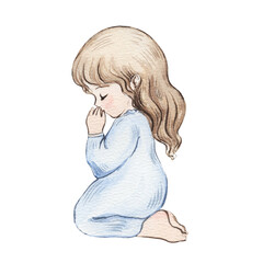 Cute Little girl Character Praying Standing on His Knees WatercolorIllustration