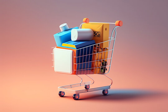 Shopping cart or basket vector illustration style icon with boxes and packages in it.
Concept of purchasing online goods or items on webshop.