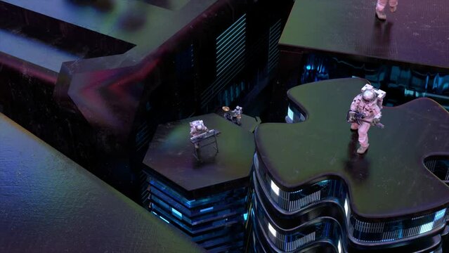A musical group of astronauts on rising platforms. Black marble, blue neon light. 3d animation of a seamless loop.