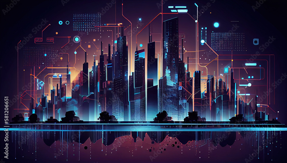 Poster smart city digital technology, internet network connection, digital marketing iot internet of things